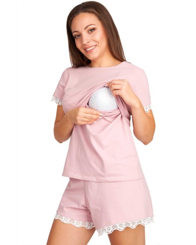 Bawełniana piżama ciążowa i do karmienia VIKI - komplet krótki rękaw ze spodenkami