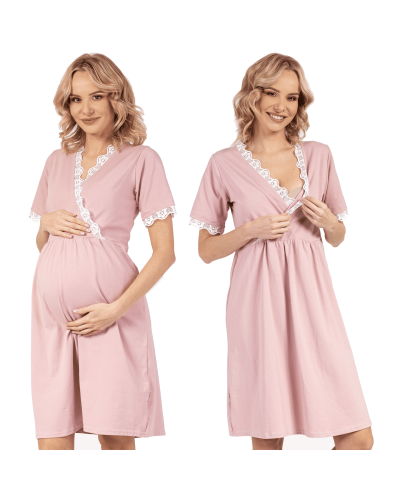 Koszula nocna ciążowa do karmienia LILIA z koronką krótki rękaw