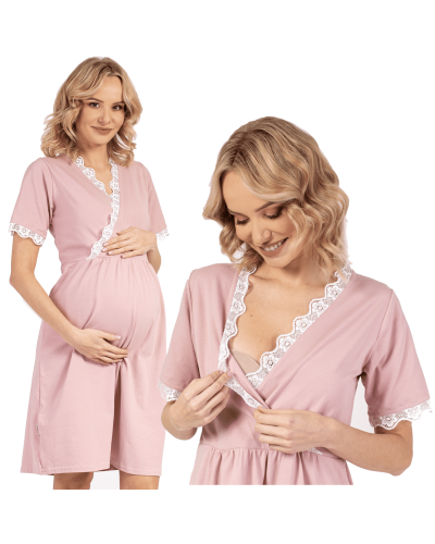 Koszula nocna ciążowa do karmienia LILIA z koronką krótki rękaw