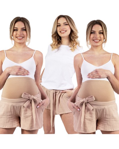 Lekkie, muślinowe krótkie spodenki szorty  ciążowe z bawełnianym panelem na brzuszek