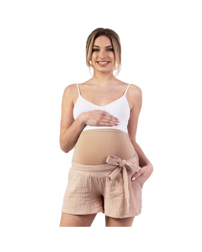 Lekkie, muślinowe krótkie spodenki szorty  ciążowe z bawełnianym panelem na brzuszek